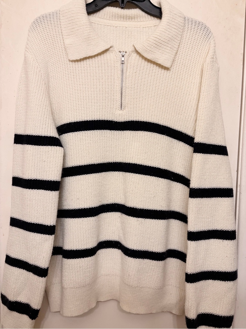 Men's Cream Zip-Front Sweater with Black Stripes